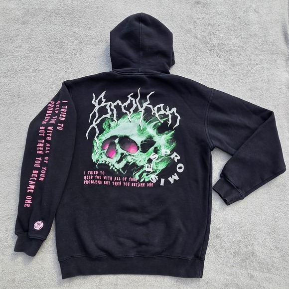Broken Promises Other - Broken Promises Hoodie Mens Medium Black Green Flaming Skull Problems Pullover